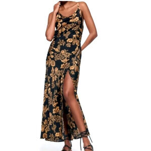 ZARA Black Gold Wrap Maxi Dress Spaghetti Strap Floral Cocktail Party Size XS